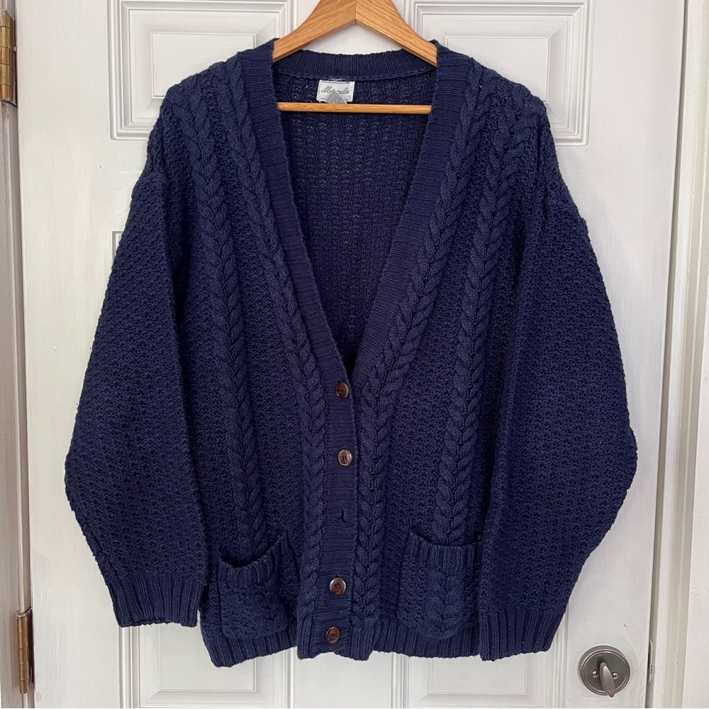 Navy blue V-neck cable knit cardigan